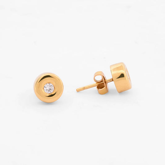 Comprar pendientes de oro amarillo de 18kt en forma redonda y con 1 diamante en cada pendiente engastado en boca. Joyas restauradas. Envío gratis a toda la península. Joyería Ian'Or.