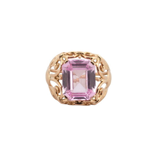  comprar anillo de oro amarillo de 18k montura calada con intrincada filigrana,rosa de francia en talla esmeralda vintage. De estilo eduardiano