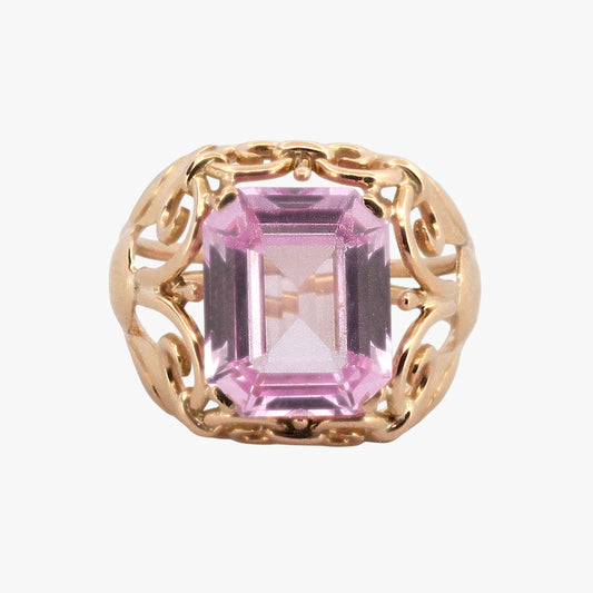  comprar anillo de oro amarillo de 18k montura calada con intrincada filigrana,rosa de francia en talla esmeralda vintage. De estilo eduardiano
