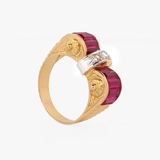 Sortija vintage chevalier de oro amarillo 18kt corindones y diamantes - 16655GM