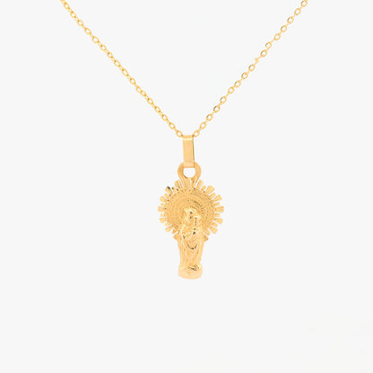 Comprar colgante medalla realizado en oro amarillo de 18kt de la silueta de la virgen del pilar  de zaragoza. Joyeria barata en Barcelona.