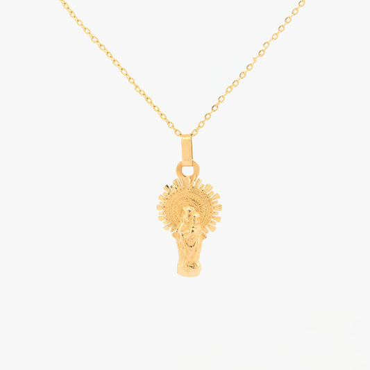Comprar colgante medalla realizado en oro amarillo de 18kt de la silueta de la virgen del pilar  de zaragoza. Joyeria barata en Barcelona.