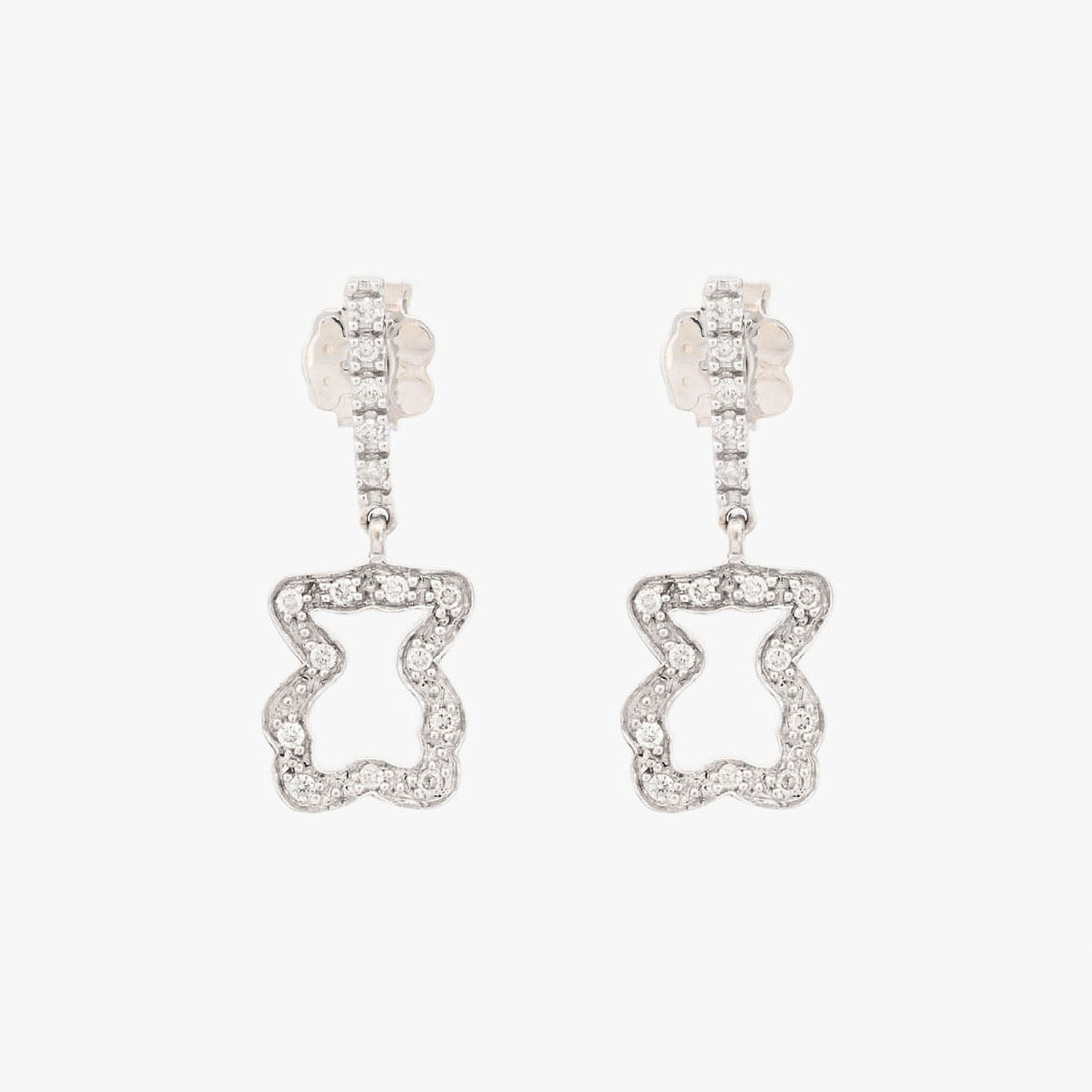 Pendientes Tous de Oro blanco mate de 18kt originales, con la silueta del osito. Joyas Tous baratas. Joyas de segunda mano. Joyas restauradas. Envío gratis.