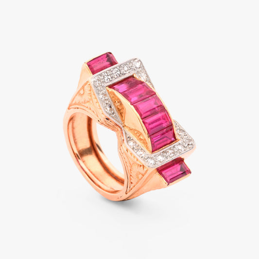 Comprar anillo chevalier de oro amarillo de 18k con rubies y diamantes. Joyas baratas oro al mejor precio. Joyería Barcelona. Pieza certificada y envío gratuito