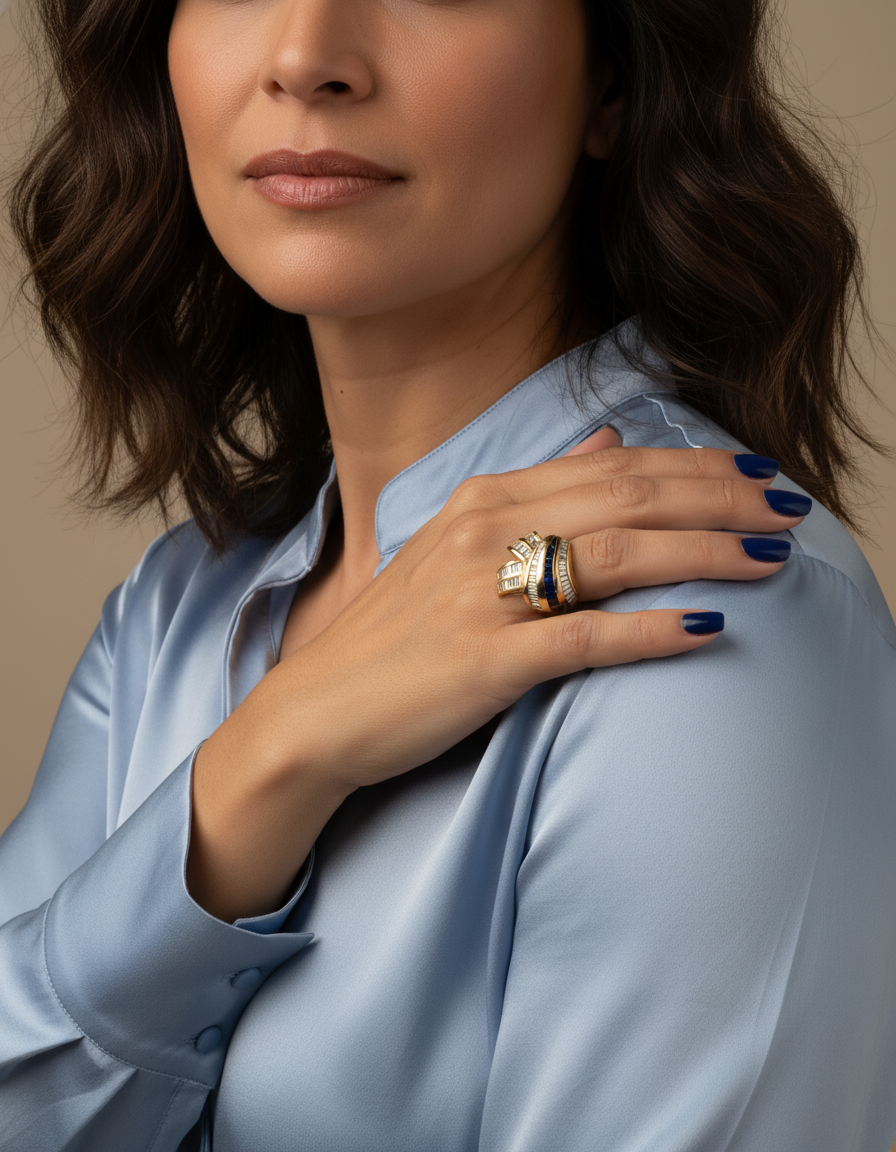 Comprar anillo tipo nudo realizado en oro amarillo de 18kt con zafiros y diamantes talla baguette. Joyas vintage de segunda mano Barcelona. Envío gratis.