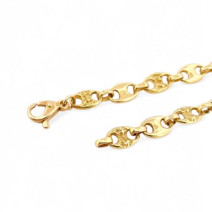 Pulsera de oro de 18kt con cadena tipo calabrote intercalada con pieza con textura y pieza lisa de 6,10mm de grosor y medida. Joyería de segunda mano restaurada Barcelona.
