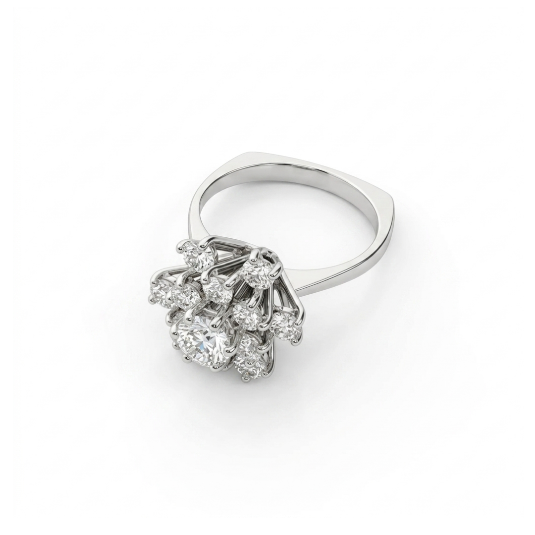 Comprar Sortija realizada en oro blanco de 18kt con rosetón de diamantes alrededor de un diamante central más grande engastado en grapas. Joyas con diamantes.