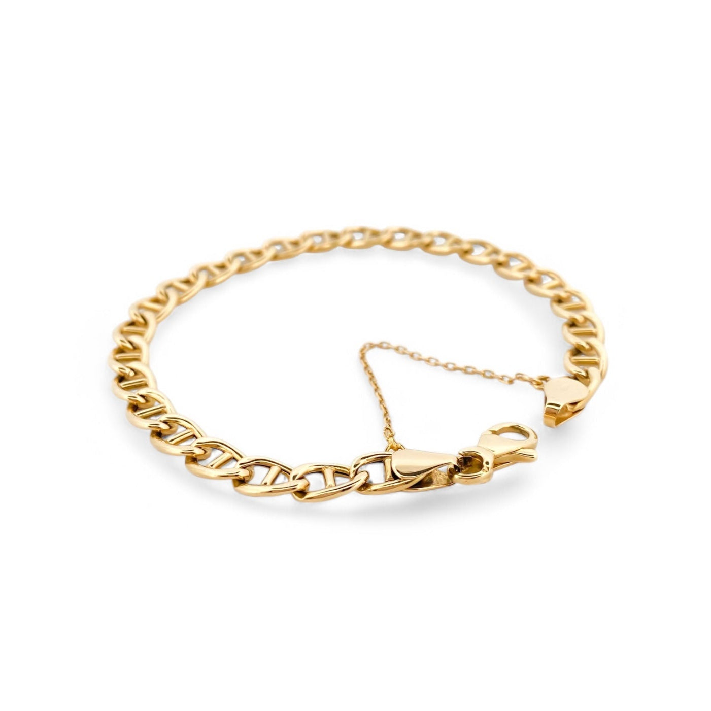 Comprar pulsera oro amarillo de 18kt con cadena eslabones banana barra. La pulsera mide 19cm. Cierre tipo mosquetón. Joyas a buen precio en Barcelona. Ian'Or.