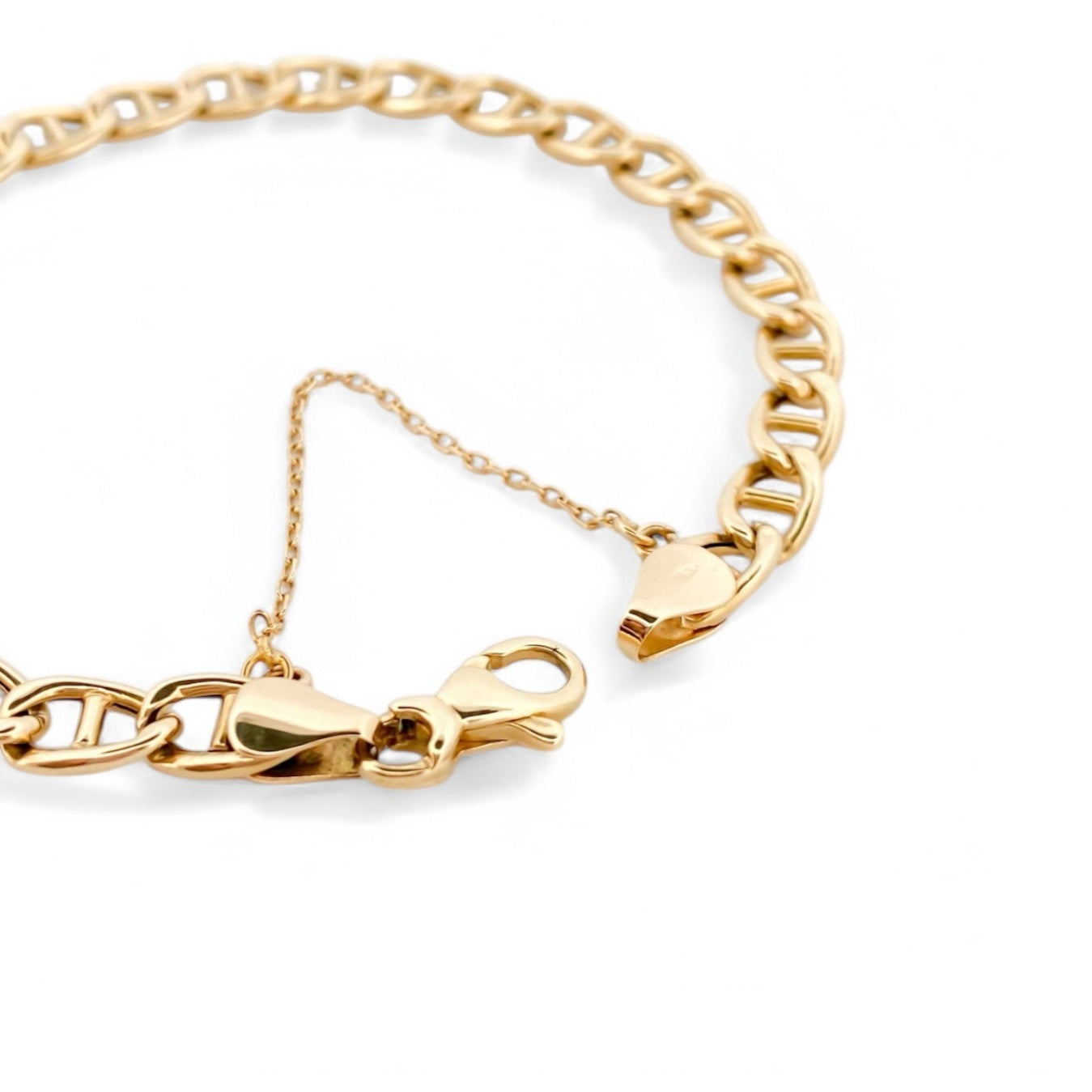 Comprar pulsera oro amarillo de 18kt con cadena eslabones banana barra. La pulsera mide 19cm. Cierre tipo mosquetón. Joyas a buen precio en Barcelona. Ian'Or.