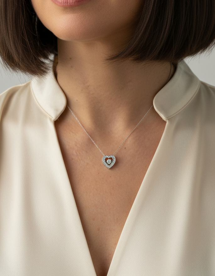 Comprar collar en oro blanco de 18kt compuesto por cadena y colgante corazón con 28 diamantes talla brillante. Joyas corazon y diamantes baratas