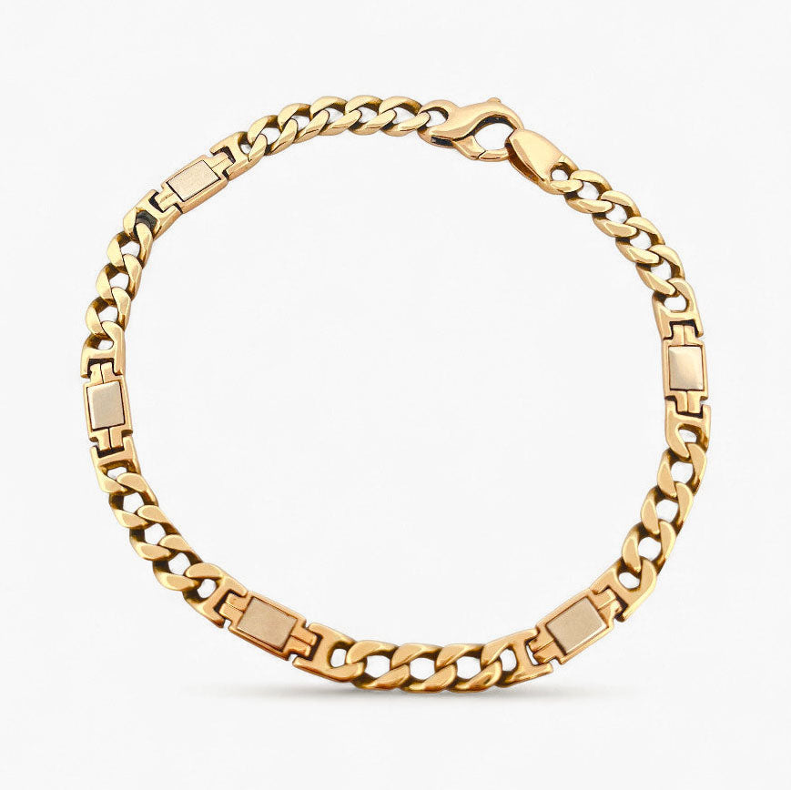 Comprar pulsera realizada oro bicolor de 18kt de 24cm con cadena tipo cubana alterna y con plaquitas de oro blanco. Pulseras de oro para hombre baratas