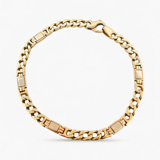 Comprar pulsera realizada oro bicolor de 18kt de 24cm con cadena tipo cubana alterna y con plaquitas de oro blanco. Pulseras de oro para hombre baratas