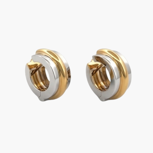 Comprar pendientes bicolor en oro blanco y amarillo de 18kt en forma de aros. Disponen de cierre tipo omega.Pendientes de oro baratos Ian'Or. Pendientes oro 18kt. Envío gratis.