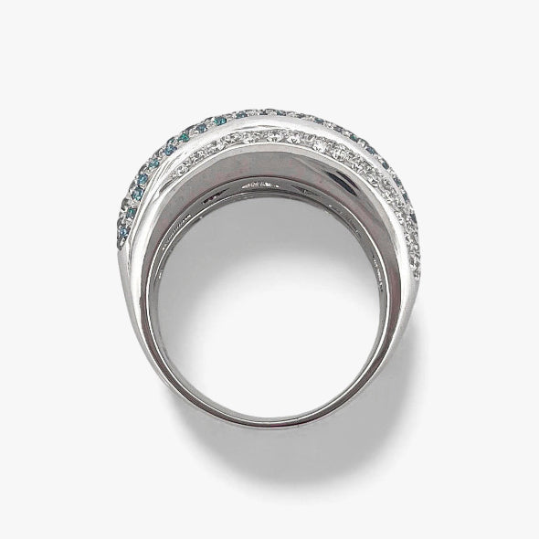 Comprar anillo de tres carriles realizado en oro blanco de 18kt , diamantes talla brillante y topacios. Dos carriles llevan diamantes platas y el del medio topacios