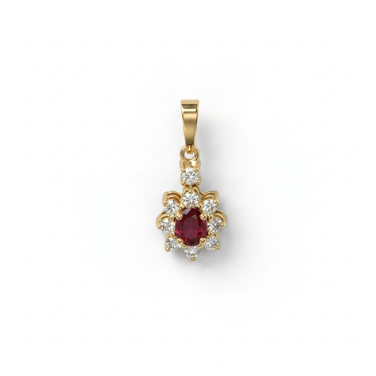 Comprar colgante antiguo realizado en oro amarillo de 18kt con rosetón de rubí talla oval y orla de brillantes, joyas vintage con rubíes de oro 18kt
