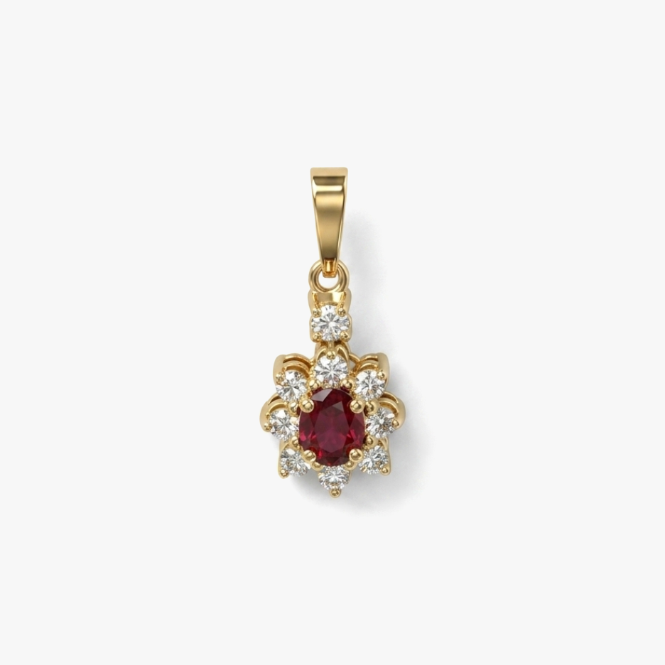 Comprar colgante antiguo realizado en oro amarillo de 18kt con rosetón de rubí talla oval y orla de brillantes, joyas vintage con rubíes de oro 18kt