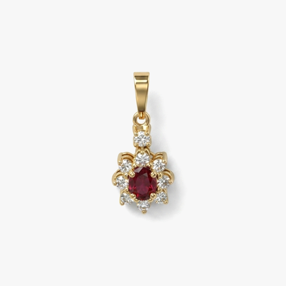 Comprar colgante antiguo realizado en oro amarillo de 18kt con rosetón de rubí talla oval y orla de brillantes, joyas vintage con rubíes de oro 18kt