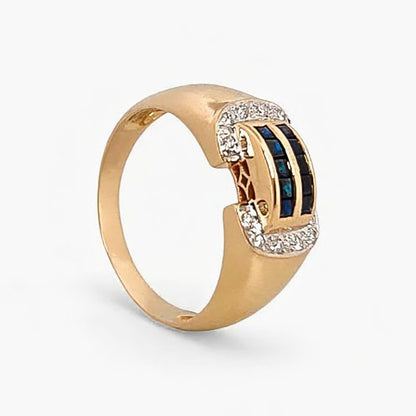 Comprar anillo realizado en oro amarillo de 18kt con diamantes y zafiros. Joyas de segunda mano en Barcelona. Joyería Ian'Or. Envío gratis.