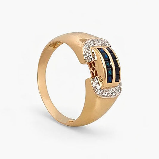 Comprar anillo realizado en oro amarillo de 18kt con diamantes y zafiros. Joyas de segunda mano en Barcelona. Joyería Ian'Or. Envío gratis.