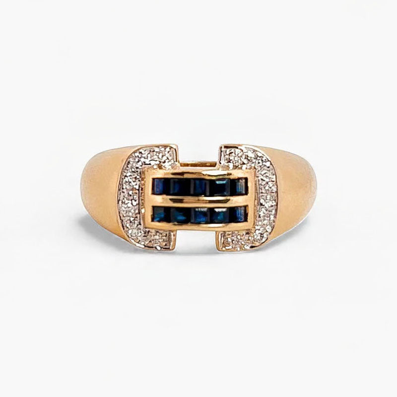 Comprar anillo realizado en oro amarillo de 18kt con diamantes y zafiros. Joyas de segunda mano en Barcelona. Joyería Ian'Or. Envío gratis.