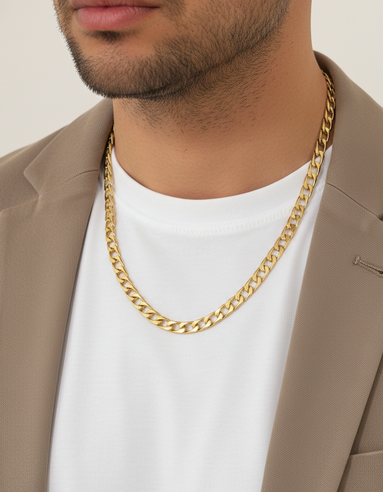 Comprar collar con cadena barbada con eslabón plano realizado en oro amarillo de 18kt con cierre tipo cajón con brazo de seguridad. Cadenas de oro de 18kt al mejor precio en barcelona.