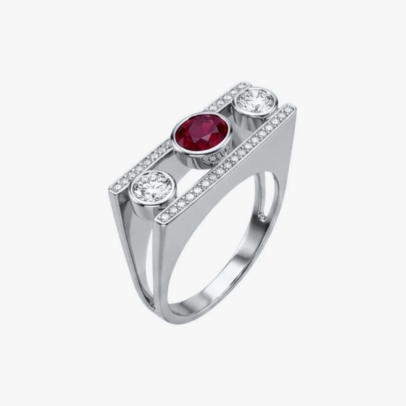 Comprar anillo tipo sello realizado en oro blanco de 18kt con diamantes talla brillante y rubí central. Joyas únicas de segunda mano. Joyería Ian'Or.