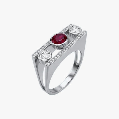 Comprar anillo tipo sello realizado en oro blanco de 18kt con diamantes talla brillante y rubí central. Joyas únicas de segunda mano. Joyería Ian'Or.