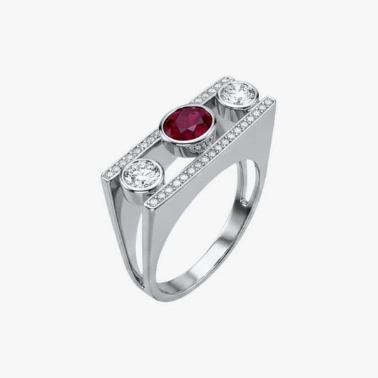 Comprar anillo tipo sello realizado en oro blanco de 18kt con diamantes talla brillante y rubí central. Joyas únicas de segunda mano. Joyería Ian'Or.