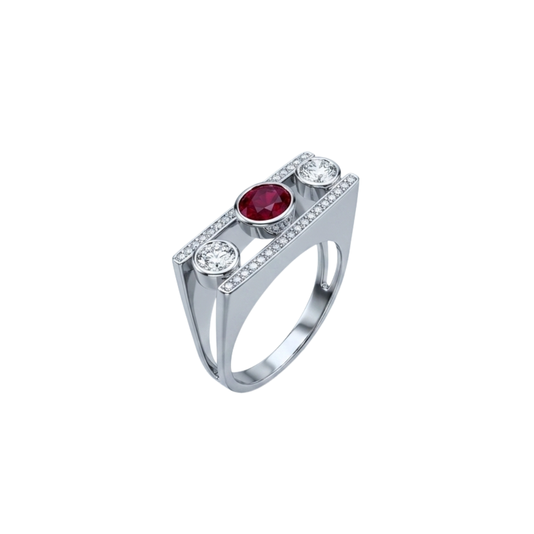 Comprar anillo tipo sello realizado en oro blanco de 18kt con diamantes talla brillante y rubí central. Joyas únicas de segunda mano. Joyería Ian'Or.