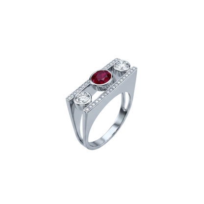 Comprar anillo tipo sello realizado en oro blanco de 18kt con diamantes talla brillante y rubí central. Joyas únicas de segunda mano. Joyería Ian'Or.