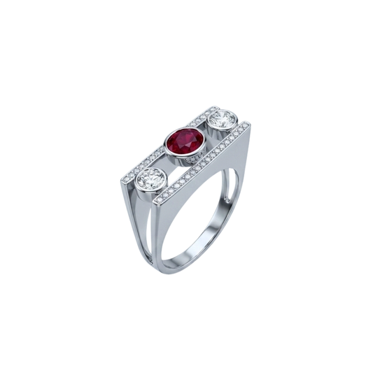 Comprar anillo tipo sello realizado en oro blanco de 18kt con diamantes talla brillante y rubí central. Joyas únicas de segunda mano. Joyería Ian'Or.