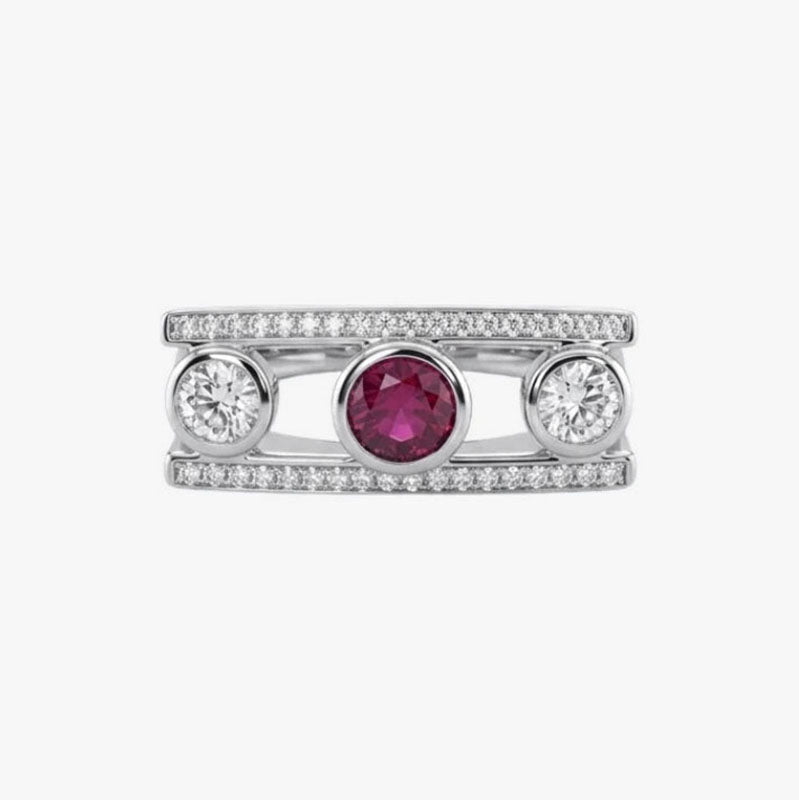 Comprar anillo tipo sello realizado en oro blanco de 18kt con diamantes talla brillante y rubí central. Joyas únicas de segunda mano. Joyería Ian'Or.