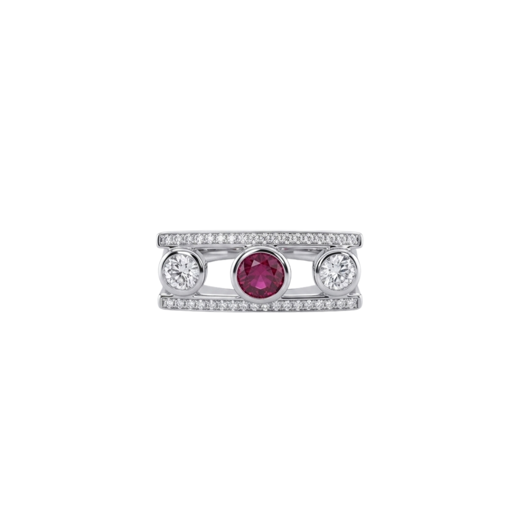 Comprar anillo tipo sello realizado en oro blanco de 18kt con diamantes talla brillante y rubí central. Joyas únicas de segunda mano. Joyería Ian'Or.