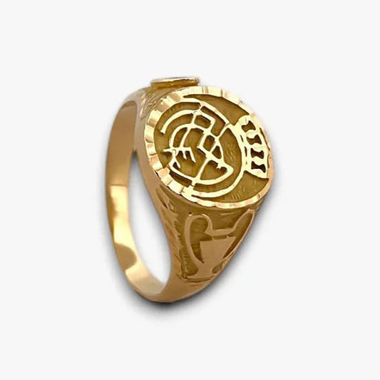 Comprar anillo tipo sello de oro amarillo de 18kt escudo del real madrid . Joyas de segunda mano y restauradas. Sellos de hombre  de oro 18kt baratos futbol 9.