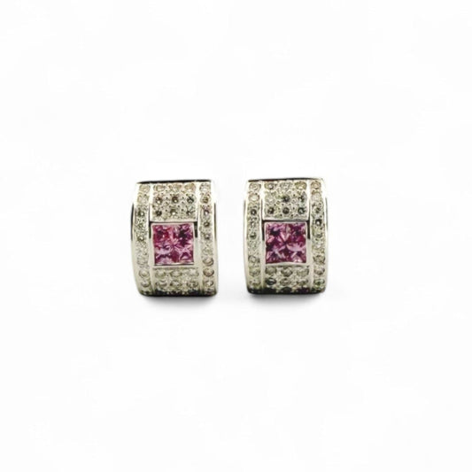 Comprar pendientes de oro blanco de 18kt con pavé de diamantes y 4 amatistas talla princesa centrales en cada pendiente. Joyas segunda mano. Joyas restauradas.