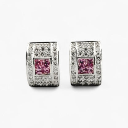 Comprar pendientes de oro blanco de 18kt con pavé de diamantes y 4 amatistas talla princesa centrales en cada pendiente. Joyas segunda mano. Joyas restauradas.