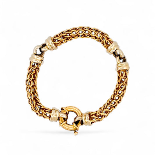 Comprar pulsera realizada en oro blanco y amarillo de 18kt con cierre tipo reasa. Pulsera con cierre tipo reasa. Joyas al mejor precio en Barcelona. Ian'Or.