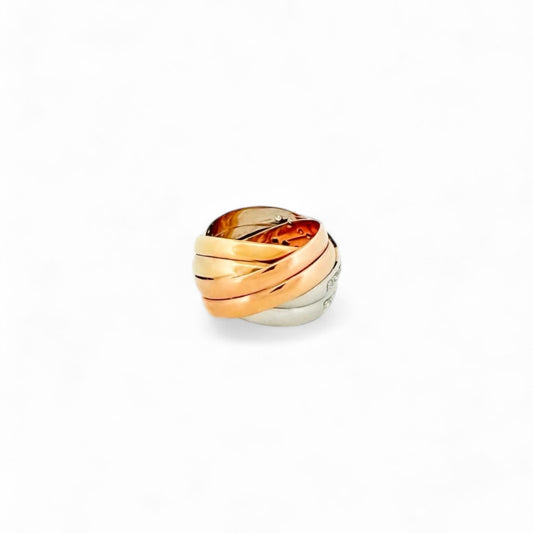 Comprar anillo tricolor realizado en oro blanco, rosa y amarillo de 18kt con dos carriles de 11 diamantes talla brillante de 0,01ct. Joyería Ian'Or.
