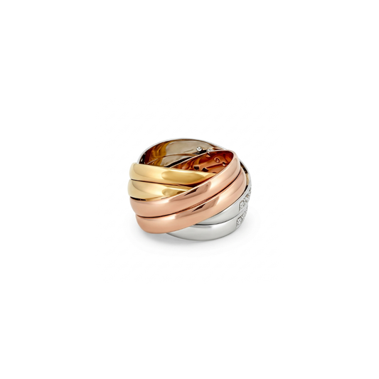 Comprar anillo tricolor realizado en oro blanco, rosa y amarillo de 18kt con dos carriles de 11 diamantes talla brillante de 0,01ct. Joyería Ian'Or.
