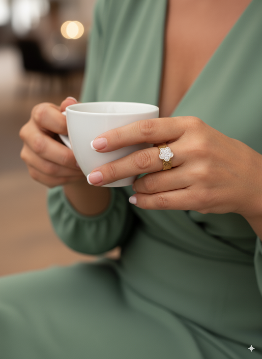 Comprar anillo original de Tous realizado con el característico tejido de malla en oro amarillo de 18kt y la flor icónica de la marca en oro amarillo de 18k. Joyas Tous baratas