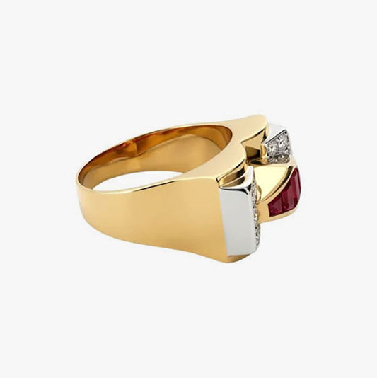 Comprar Anillo tipo sello realizado en oro amarillo de 18kt con 5 rubíes centrales y 10 diamantes talla antigua. Anillos de segunda mano. Joyería Ian'Or.
