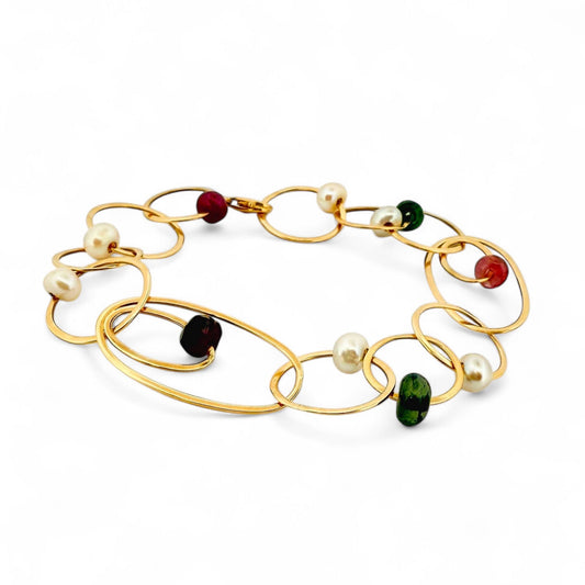 Comprar pulsera oro amarillo de 18kt con cadena y 11 piedras intercaladas. Compra de joyas al mejor precio en Barcelona. Joyas de segunda mano. Joyería Ian'Or.