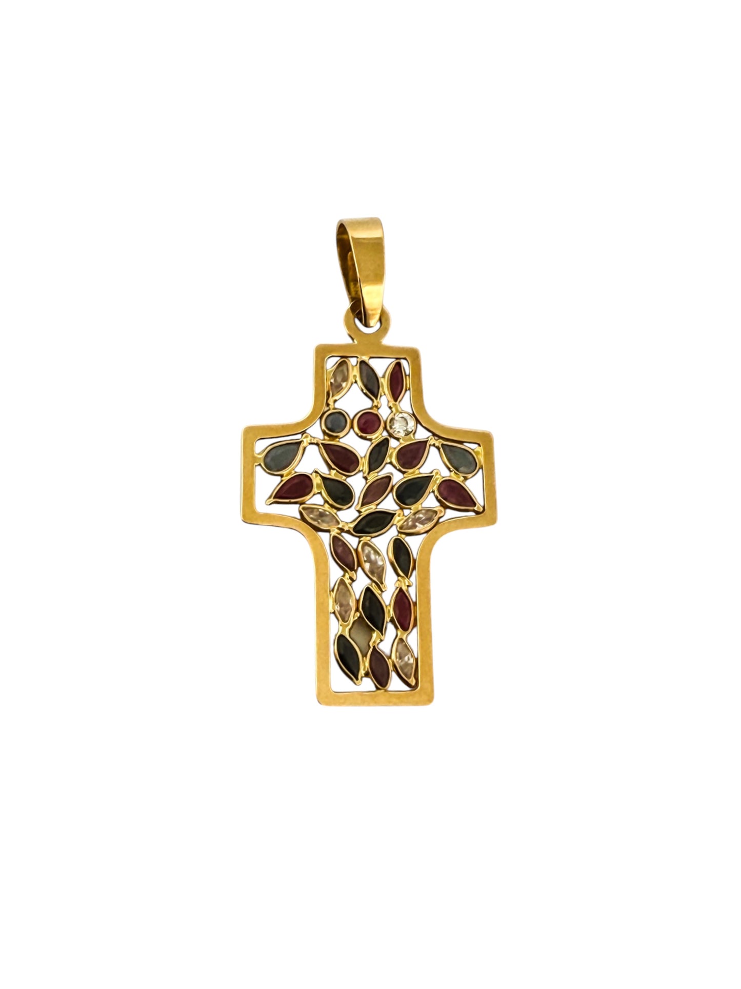 23025GV - Colgante cruz oro amarillo 18kt rubíes zafiros y circonitas