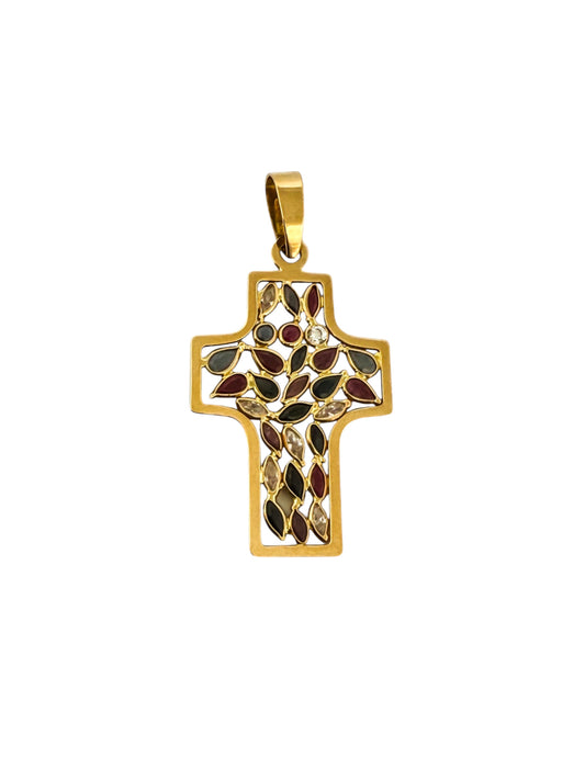 23025GV - Colgante cruz oro amarillo 18kt rubíes zafiros y circonitas