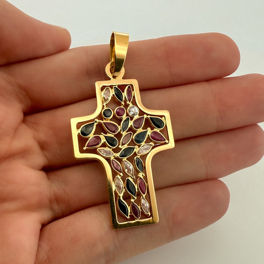 Comprar colgante en forma de cruz de oro amarillo de 18kt con 28 piedras. Joyería Ian'Or. Envío GRATIS. Joyas acondicionadas. Segunda vida joyas. Ian'Or.