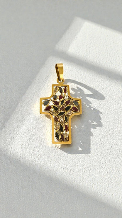 23025GV - Colgante cruz oro amarillo 18kt rubíes zafiros y circonitas