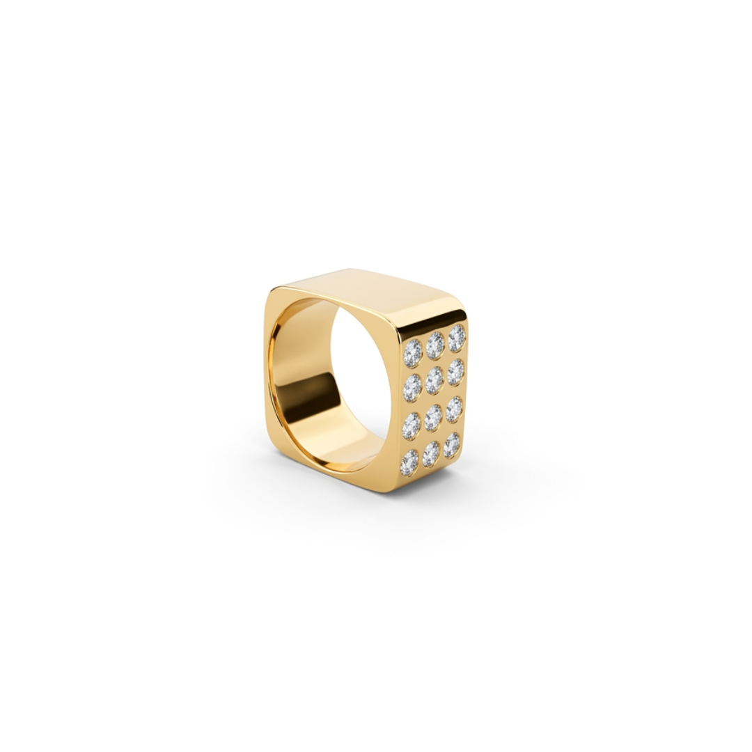 Comprar anillo tipo sello realizado en oro amarillo cuadrado de 18kt con 12 diamantes talla brillante de 0,08ct. Anillos de segunda mano. Joyería Ian'Or.