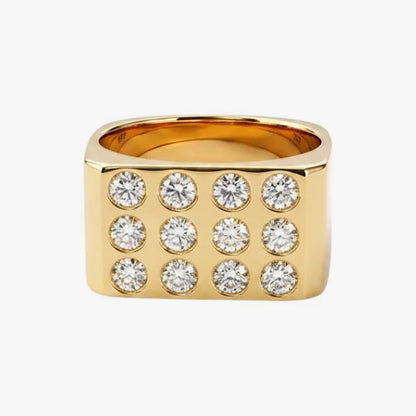 Comprar anillo tipo sello realizado en oro amarillo cuadrado de 18kt con 12 diamantes talla brillante de 0,08ct. Anillos de segunda mano. Joyería Ian'Or.