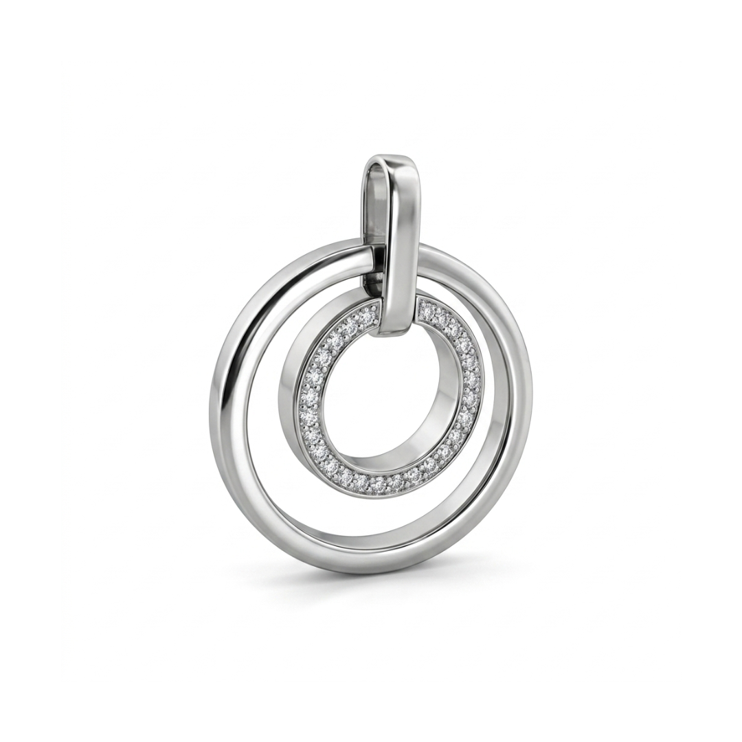 Comprar colgante medalla de oro blanco con dos circulos, uno de ellos lleva 23 diamantes.