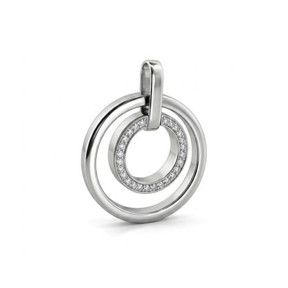 Comprar colgante medalla de oro blanco con dos circulos, uno de ellos lleva 23 diamantes.